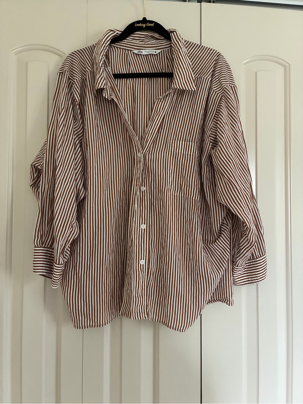 Zara Brown and White Striped Button-Down Shirt